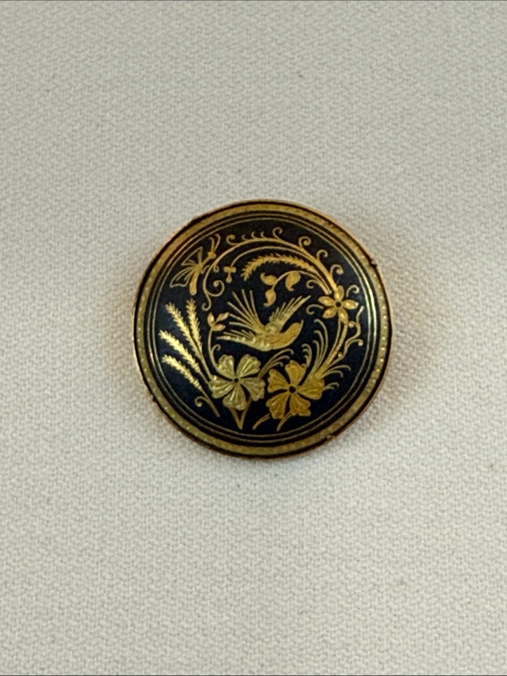 Vintage Black Enamel Button with Gold Floral & Bird Design